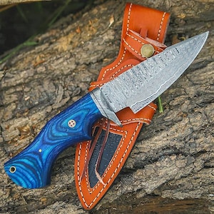 Custom Handmade Damascus Hunting Knife| Rosewood Handle Blue Knife | Camping, Outdoor, Birthday, Anniversary & Wedding Gift for him, Father