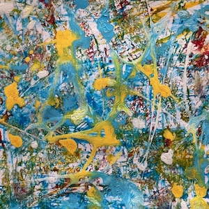 Original Abstract Drip Painting on Paper – 9x11.5 Modern Acrylic Art, Jackson Pollock Style, Bold Expressionist Wall Decor