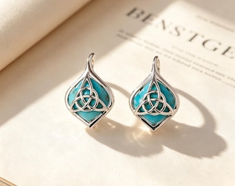 Celtic Knot Turquoise Earrings, 925 Sterling Silver Natural Turquoise Dangle Earrings, Irish Jewelry, Protection Amulet Gift for Her