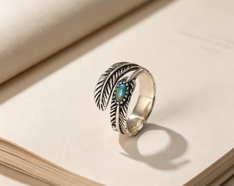 Vintage Feather Turquoise 925 Sterling Silver Open Ring, Adjustable Leaf Ring, Natural Turquoise Stackable Ring, Boho Jewelry Gift for Her