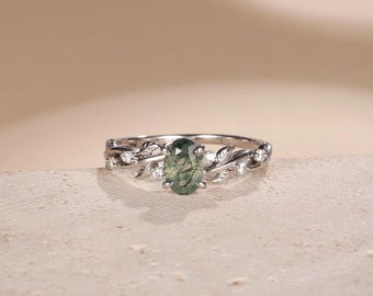 Ovale mosagaat ring van 925 sterling zilver, natuurlijke mosagaat verlovingsringen voor vrouwen, unieke vintage bladring, jubileumcadeau voor haar