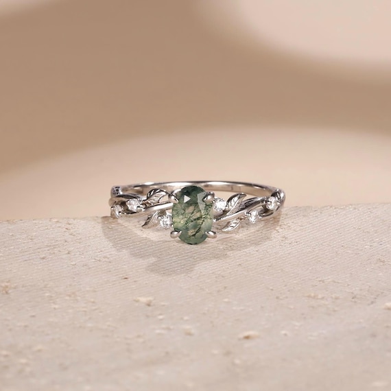 925 Sterling Silver Oval Moss Agate Ring,  Natural Moss Agate Engagement Rings for Women, Unique Vintage Leaf Ring, Anniversary Gift for Her