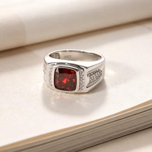 925 Sterling Silver Men's Ruby Ring, Vintage Statement Ring Mens Signet Ring, Gift for Him, Anniversary, Father's Day