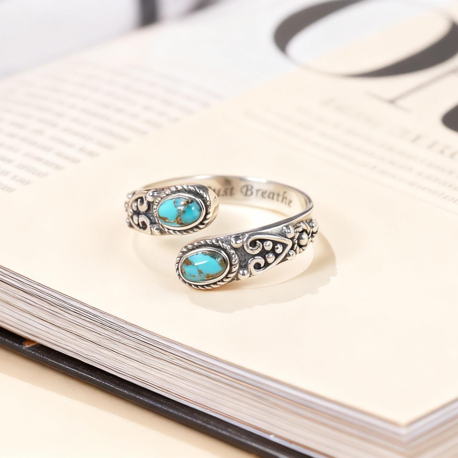 JERWLI Sterling Silver Dragonfly Spoon Ring With Turquoise - Adjustable Vintage Thumb Ring For Women & Men