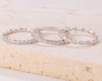 925 Sterling Silver Stackable Wedding Bands, 3 Pcs ring set, Dainty Crystal Ring, Bridal Jewelry，Anniversary Gift For Girlfriend or wife