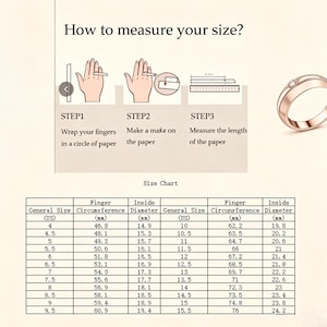 May include: A rose gold-toned ring with a small embedded stone, accompanied by an instructional graphic titled How to measure your size? with three steps and a detailed size chart listing US general sizes and corresponding measurements in millimeters.