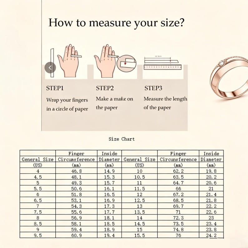 May include: A rose gold-toned ring with a small embedded stone, accompanied by an instructional graphic titled How to measure your size? with three steps and a detailed size chart listing US general sizes and corresponding measurements in millimeters.
