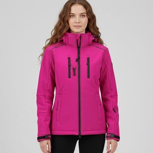 May include: A magenta hooded jacket with a full-length black zipper and black accents. The jacket has two zippered pockets on the chest and two side pockets. The jacket has a hood and is worn over black pants.