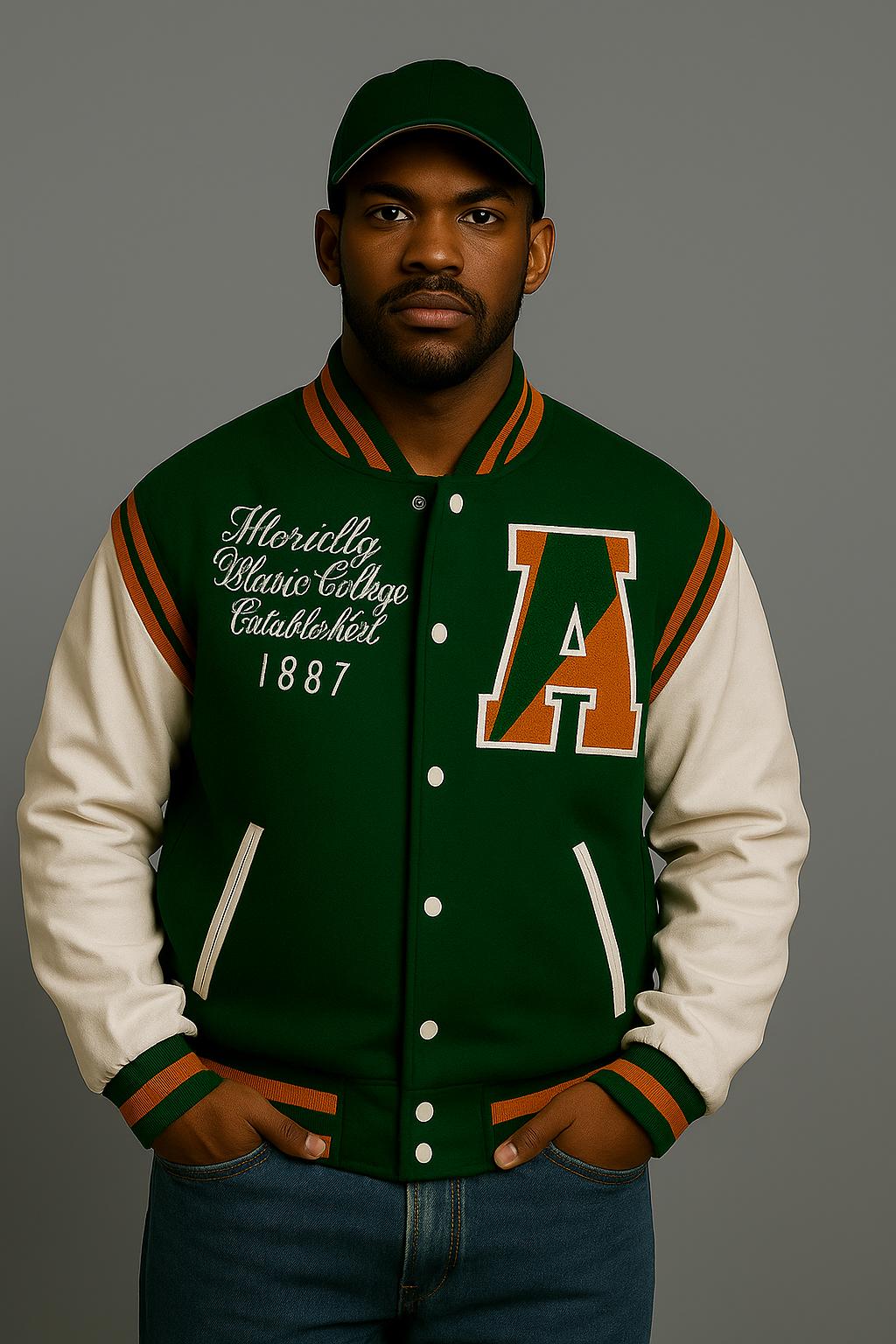 Handcrafted Green Wool Varsity Jacket: Embroidered Retro Letterman