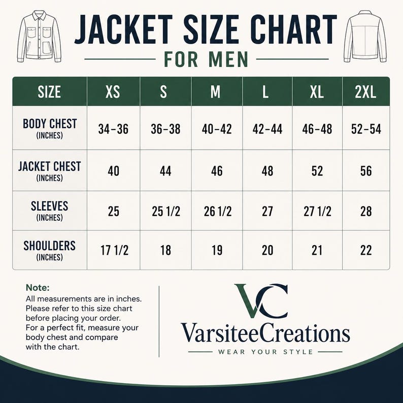 Op de afbeelding: Een maattabel voor herenjassen met de titel JACKET SIZE CHART FOR MEN. De tabel toont maten van XS tot 2XL met afmetingen in inches voor borstomvang, jasborst, mouwen en schouders. Het logo van VarsiteeCreations staat onderaan de afbeelding.