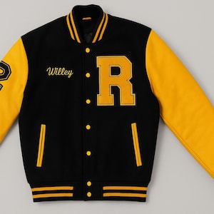 May include: A black and yellow varsity jacket with the name "Willey" embroidered in gold script. The jacket has a large yellow "R" patch, a number "2" patch, and yellow sleeves. The cuffs and collar have yellow and black stripes.