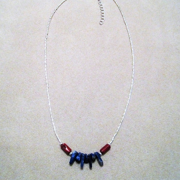Handmade Blue Lapis, Coral and Liquid Silver Necklace. Proceeds donated to Carter's Kids, a not for profit, Building Playgrounds in America