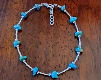Handmade Kingman Turquoise Anklet: Liquid Silver Beaded Ankle Bracelet
