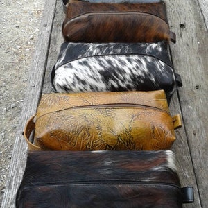 Cowhide or Leather Shave Kit / Makeup Bag - Zippered Top with Handle.  Dopp Kit - Toiletry Bag - Cowboy Wash Kit