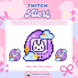 May include: A pixel art graphic featuring a purple fox-themed digital pet device with a white screen displaying a fox face. The design includes blue clouds and yellow star accents, with the text TWITCH ALERT and PURPLE FOX TAMAGOTCHI.