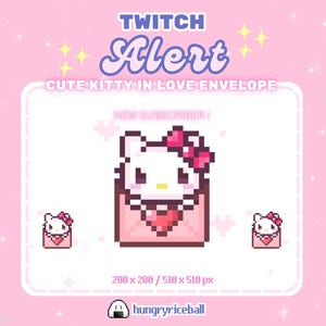 May include: A pixelated graphic with a pink background features a white cat with a pink bow in a pink envelope. Text reads "TWITCH Alert" and "CUTE KITTY IN LOVE ENVELOPE". Additional text says "NEW SUBSCRIBER".