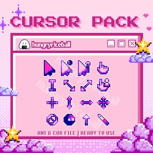 May include: A pixelated pink graphic featuring a "CURSOR PACK" design. The image showcases various cursor icons in shades of pink and purple, set against a pink background. Text includes "hungryriceball" and "ANI & CUR FILE | READY TO USE".