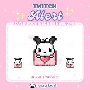 May include: A pixelated illustration of a cute dog in a pink envelope. The image includes the text "TWITCH Alert" and "CUTE DOG IN LOVE ENVELOPE". The background is a soft pink with star accents.