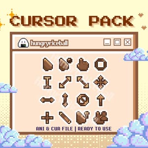 May include: A pixelated graphic displaying a "CURSOR PACK" with diverse brown cursor designs. The image includes a window-like frame with the text "hungryriceball" and the words "ANI & CUR FILE | READY TO USE". The background features pixelated clouds and stars.