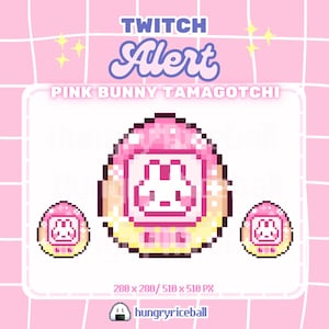 May include: A pixel art graphic featuring a pink bunny Tamagotchi design. The text reads TWITCH ALERT, PINK BUNNY TAMAGOTCHI, 280 x 280 / 510 x 510 PX, and hungryriceball. The central egg-shaped device displays a white bunny face on a pink background.