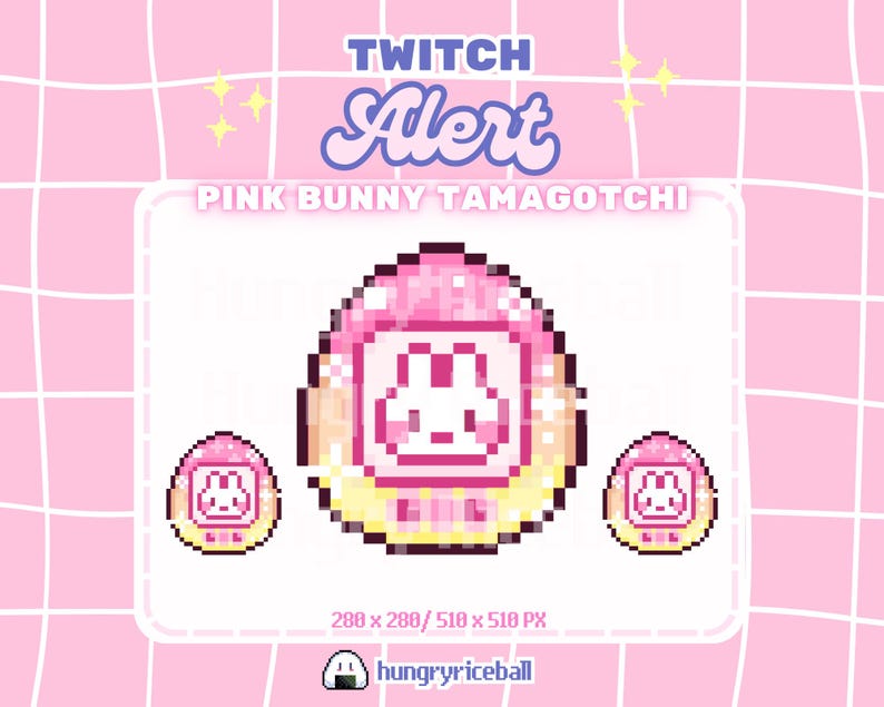 May include: A pixel art graphic featuring a pink bunny Tamagotchi design. The text reads TWITCH ALERT, PINK BUNNY TAMAGOTCHI, 280 x 280 / 510 x 510 PX, and hungryriceball. The central egg-shaped device displays a white bunny face on a pink background.