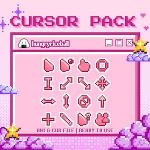 May include: A pink pixel art graphic featuring a "CURSOR PACK" design. The image includes various pink cursor icons, a window frame, and text that reads "hungryriceball" and "ANI & CUR FILE | READY TO USE". Stars and clouds decorate the background.