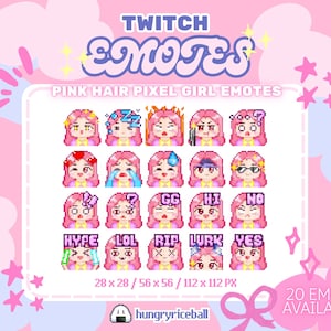 Puede incluir: Un conjunto de 20 emotes de chicas pixeladas con pelo rosa para Twitch, con diversas expresiones y textos como "HYPE" y "YES". La imagen presenta el texto "TWITCH EMOTES" sobre un fondo rosa y azul.