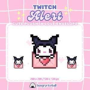 May include: A pixel art image of a cute plush character with black ears and a white face inside a pink envelope with a heart. The text "TWITCH Alert" and "CUTE PLUSH IN LOVE ENVELOPE" are displayed above the character on a pink grid background.