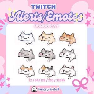 Puede incluir: Un conjunto de emotes de Bongo Cat pixelados en blanco, beige, gris y carey. La imagen incluye el texto "TWITCH Alerts/Emotes" y "BONGO CAT", junto con especificaciones de tamaño y el logotipo del creador, sobre un fondo rosa y azul.