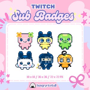 Op de afbeelding: Een set van zes pixelachtige Twitch sub-badges met schattige, kleurrijke karakters. De badges bevatten een roze wezen met bloemen, een geel wezen met blauwe oren, een groen wezen, een blauw en wit wezen, een ninja en een oranje pompoenachtig karakter.