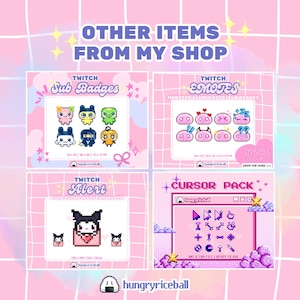 May include: A digital display featuring four sections of pixel art graphics for Twitch, including sub badges, monster slime emotes, a plush character in an envelope alert, and a cursor pack, all set against a light pink grid background with text.