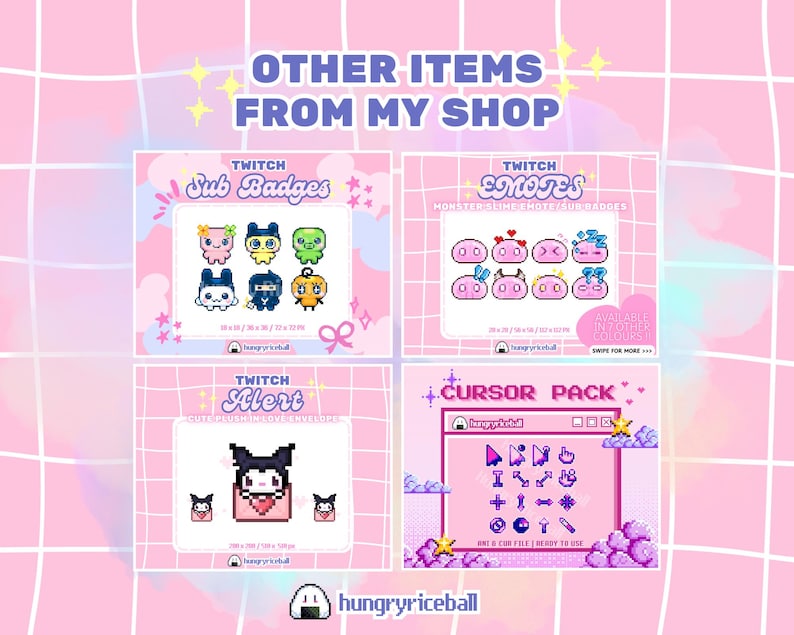May include: A digital display featuring four sections of pixel art graphics for Twitch, including sub badges, monster slime emotes, a plush character in an envelope alert, and a cursor pack, all set against a light pink grid background with text.