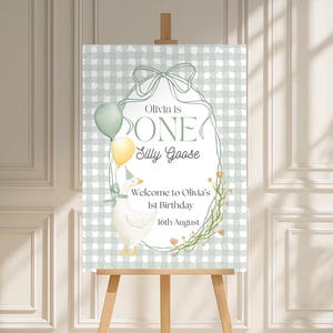 One Silly Goose Birthday Welcome Sign Template, Silly Goose Editable 1st Birthday Canva Template Printable Gingham Floral Welcome Sign Decor