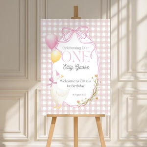 One Silly Goose Birthday Welcome Sign Template, Silly Goose Editable 1st Birthday Canva Template Printable Gingham Floral welcome sign decor