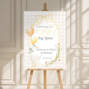 One Silly Goose Birthday Welcome Sign Template, Silly Goose Editable 1st Birthday Canva Template Printable Gingham Floral Welcome Sign Decor
