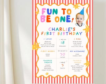 It’s Fun To Be One Milestone Sign Template, First Birthday Stats Board, Editable Milestone Poster, Fun To Be 1 Party Decor, First Year Board