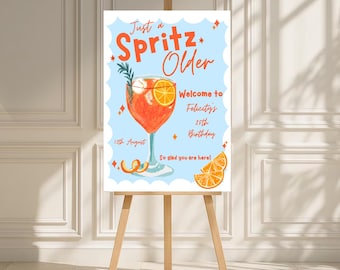 Plantilla de letrero de bienvenida antiguo "Just A Spritz", letrero imprimible de Aperol Spritz para cumpleaños, letrero editable para cóctel de cítricos para 25 cumpleaños