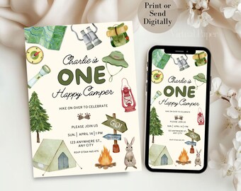 One Happy Camper Birthday Invitation Template, Camping 1st Birthday Invite Boy, Camping Birthday Party Theme, Digital Woodland Birthday Card