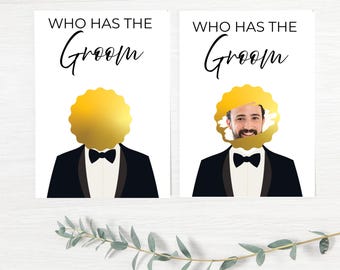 Juego de rascar editable para despedida de soltera "¿Quién tiene al novio?", Juego de rascar para encontrar al novio, Juego imprimible para despedida de soltera con novio famoso.
