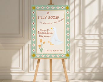 Silly Goose Baby Shower Welcome Sign Template, Whimsical Mama Goose Baby Shower Sign Printable, Editable Gender Neutral Baby Shower