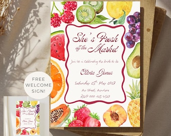 Editable Fresh of The Market Bridal Shower Invitation Template, Farmers Market Bridal Shower Invite, Fruit Theme Invitation. Canva Download