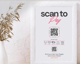 Placa de pagamento digitalizado, modelo de pagamento digitalizado, placa de pagamento com código QR, placa de opções de pagamento, placa editável Venmo, placa comercial, placa para impressão