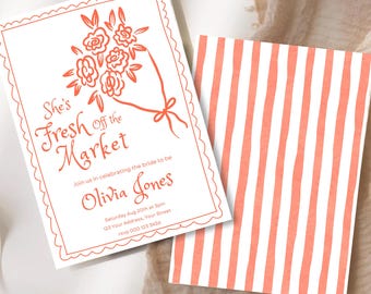 Invitación para despedida de soltera "She's Off The Market", plantilla editable "Recién salida del mercado", despedida de soltera "Love in Bloom", temática de mercado de agricultores