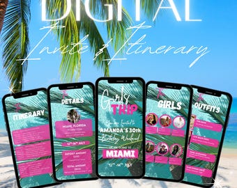 Modello digitale per itinerario di viaggio di compleanno, itinerario a Miami, itinerario per viaggio tra amiche per dispositivi mobili, viaggio per il 30° compleanno, programma di vacanza modificabile