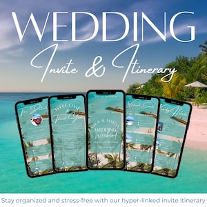 May include: Five smartphones displaying a wedding invite and itinerary against a tropical beach backdrop. The text "WEDDING Invite & Itinerary" is at the top. The screens show details, welcome messages, and event information.