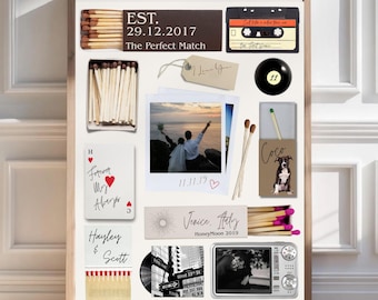 Può includere: Un collage incorniciato con vari ricordi. Include una cassetta, una palla da biliardo, una foto di una coppia, un cane, carte da gioco e scatole di fiammiferi. Il testo include date, nomi e la frase "The Perfect Match."