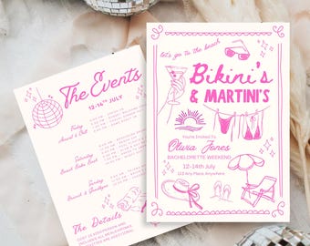 Bikinis and Martinis Bachelorette Party Itinerary, Cape Cod Girls Trip Invitation, Travel Itinerary, Beach Bachelorette Itinerary Template