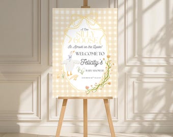 Modello di cartello di benvenuto per baby shower "Silly Goose", decorazioni stampabili per baby shower "Mama Goose", baby shower a quadretti gialli modificabili e di genere neutro
