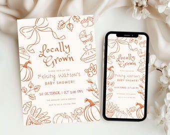 Locally Grown Baby Shower Invitation Template, Farmers Market Editable Invitation, Little Pumpkin Baby Shower Invitation, Fall Baby Shower
