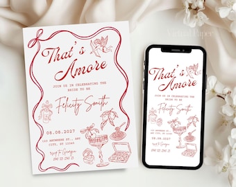 That's Amore Bridal Shower Invitation, Whimsical Hand Drawn Engagement Party Decor, Italian Theme Bachelorette Party Printable Invite
